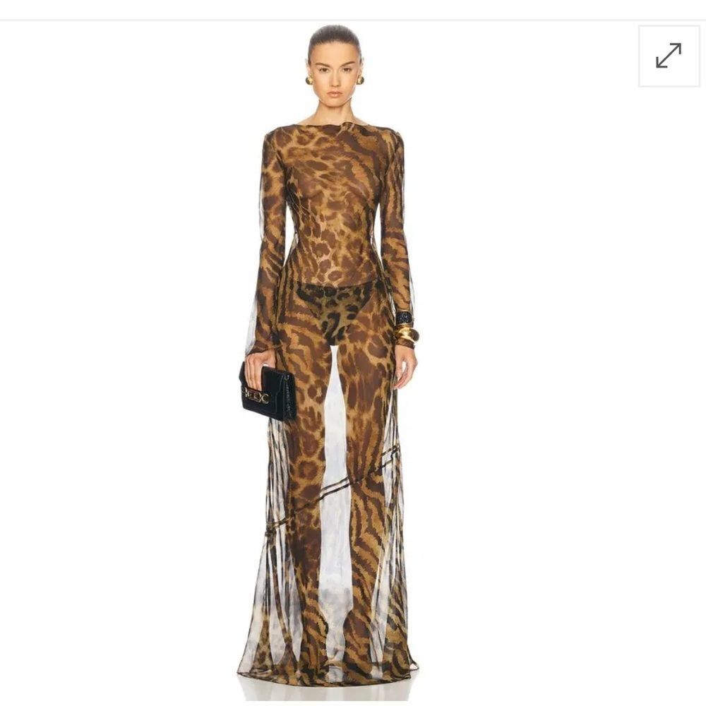 RETROFETE Vienna Dress Animal Print Sheer silk maxi gown lace up FWRD Revolve M